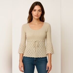 It’s Our Time Beige Knit Sweater Size Medium – Crochet Detail & Bell Sleeves